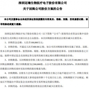 迈瑞医疗再次出资10亿回购自家股票，稳定市场信心